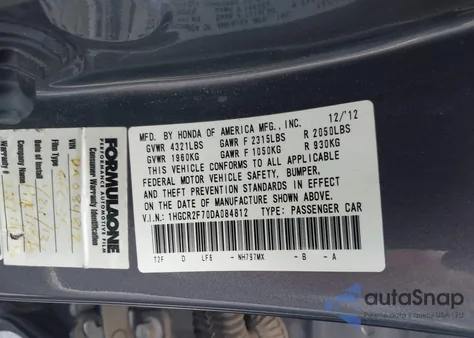 2013 Honda Accord Ex z USA, uszkodzony, nr VIN 1HGCR2F70DA084812
